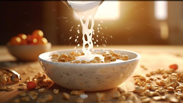 Closeup of milk being poured into a bowl of breakfast generative ai