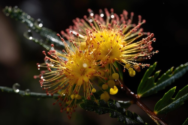 Closeup of mimosa flower with dew drops glistening on petals