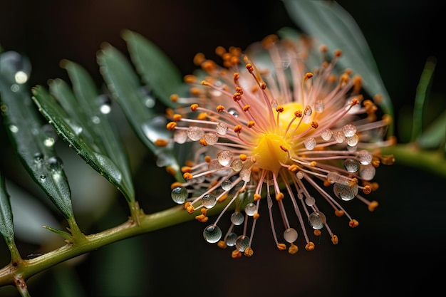 Closeup of mimosa flower with dewdrop on the petal created with generative ai