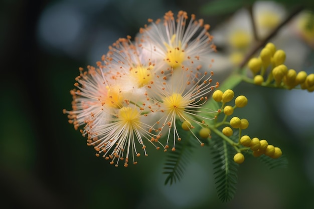 Closeup of mimosa flower with its dainty petals and delicate fragrance created with generative ai