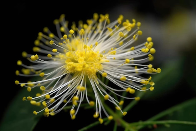 Closeup of mimosa flower with its delicate petals and yellow stamens in full view