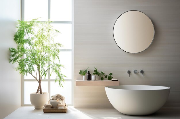 A closeup of a minimalist mirror reflecting a serene bathroom environment Generative AI