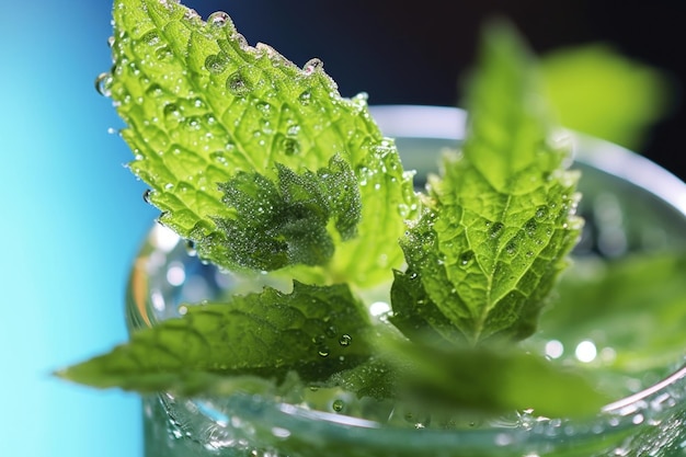 Closeup of a mint leaf being muddled in a glass created with generative ai