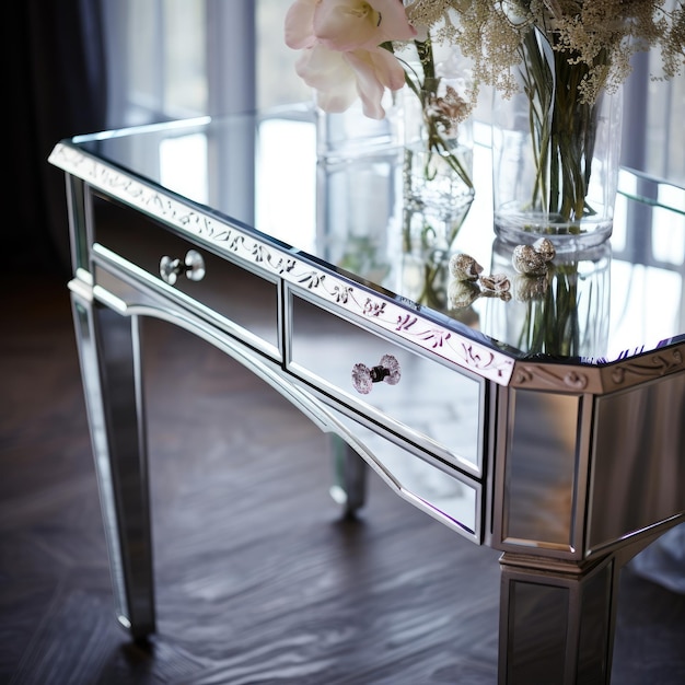 A closeup of a mirrored vanity table