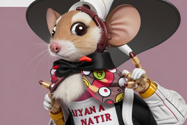 A closeup of a mischievous AI mouse wearing a stylish and unique outfit