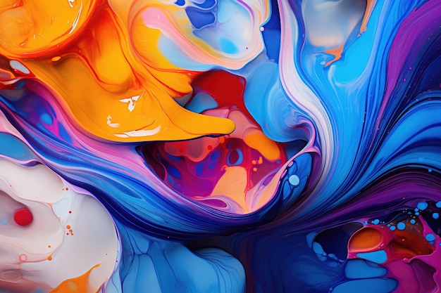 A closeup of a mix of colored liquids swirling together creating mesmerizing patterns