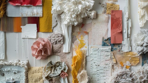 Photo a closeup of a mixed media installation featuring various materials such as fabric paper and found