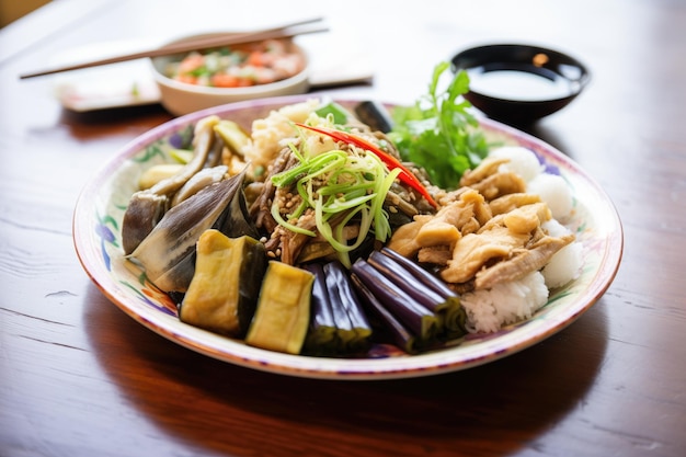 Closeup of mixed tsukemono platter with ginger and eggplant