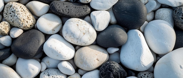 Closeup of mixed white grey and black pebbles