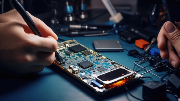 Closeup of a mobile phone repairman using a soldering iron Integrated circuit