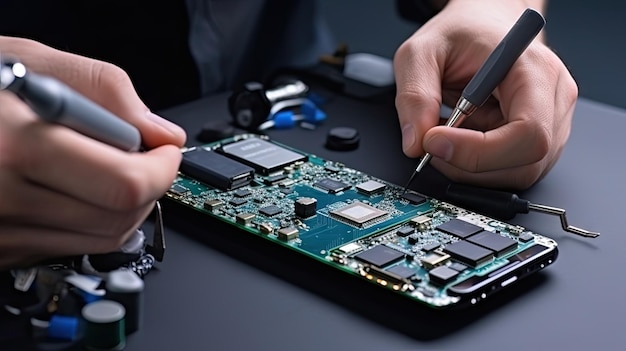 Closeup of a mobile phone repairman using a soldering iron Integrated circuit