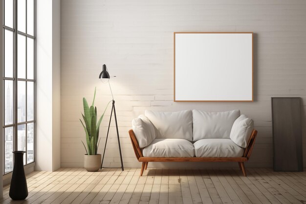 Photo closeup mockup of an empty blank poster in a modern loft contemporary minimalism meets cool grays and warm woods singlepage