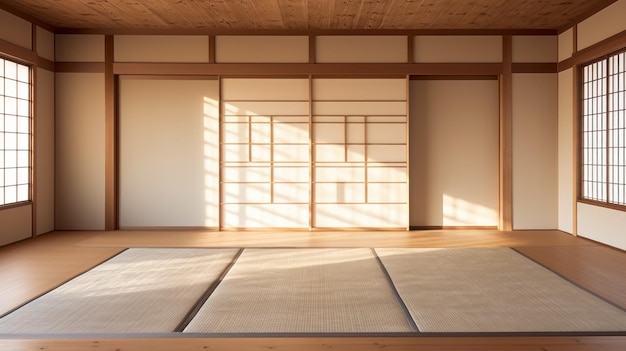 Крупный план пустой комнаты в японском стиле с ковриками татами, сгенерированный искусственным интеллектом