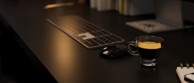 Closeup Modern black office desk workspace with keyboard mouse and coffee cup