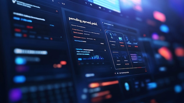closeup of a modern digital dashboard displaying various data metrics graphs and information on a computer screen interactive interface with financial data charts and notifications