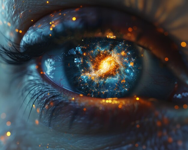 Photo closeup of modern eye reflecting ai brain in dark cosmos