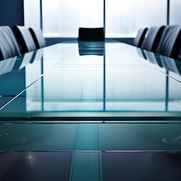 A closeup of a modern glass conference table