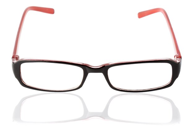 Closeup of modern glasses with reflection on the white background.