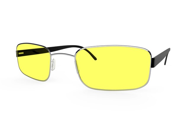 Closeup of modern glasses with yellow glass on a white background.