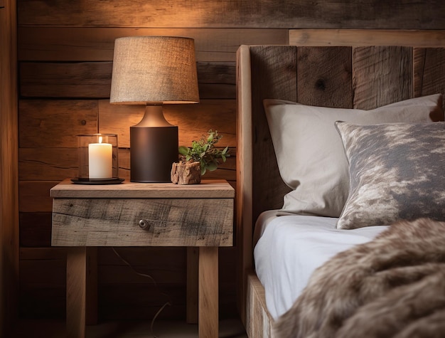 Closeup on a modern lamp in a rough wooden bedroom