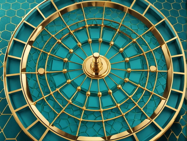 Closeup Of Modern Luxury Teal Blue And Golden Roulette Wheel On Honeycomb Hexagonal Empty Space B