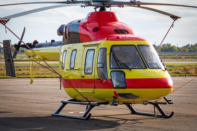 Closeup modern medical helicopter at the helipad