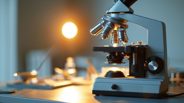 A closeup of a modern microscope with a warm light in the background