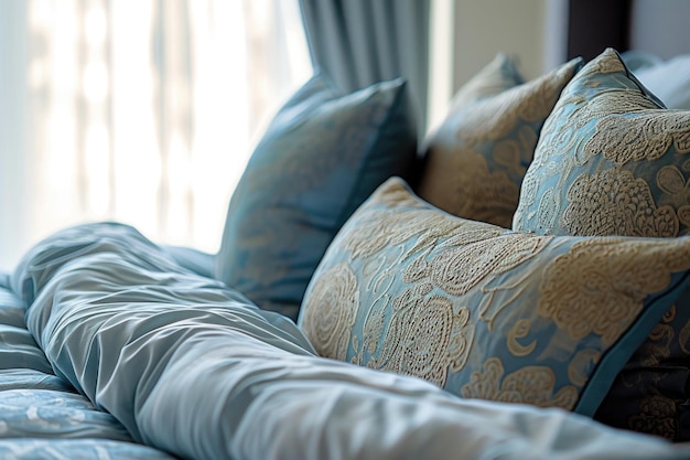 Closeup Of Modern Room With Pillows On Silk Bed