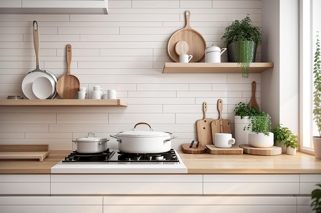 Closeup modern scandinavian kitchen interior with white and wooden material pot and pan on a stove wooden counter and white brick wall 3d rendering 3d illustration