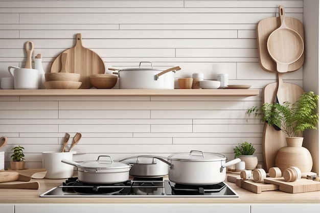 Closeup modern scandinavian kitchen interior with white and wooden material pot and pan on a stove wooden counter and white brick wall 3d rendering 3d illustration