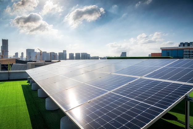 Closeup modern solar panels in front of city background