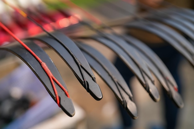 Closeup modern sport bow at shooting range for sports and entertainment