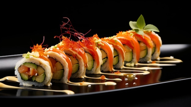 Closeup of a modern sushi creation featuring thinly sliced avocado wrapped around salmon