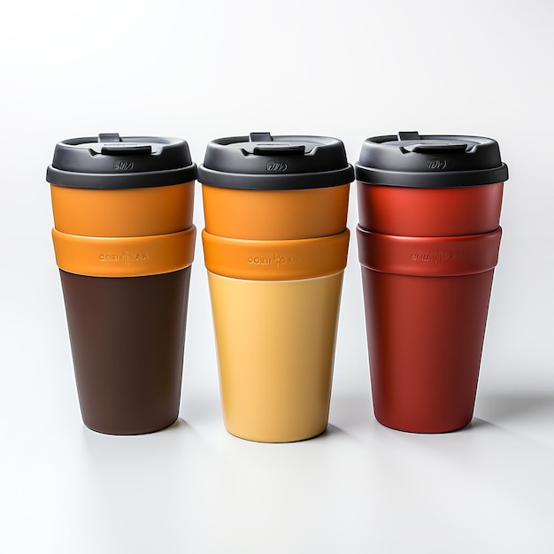 Photo closeup of modern travel mugs or takeaway cups on white background