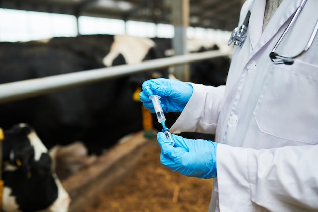 Primo piano del veterinario moderno in guanti e camice che tiene la siringa