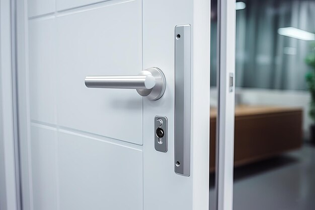 Closeup of modern white door with chrome handle and man s arm opening it