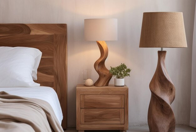 Closeup on modern wooden lamps near a bed with white pillows