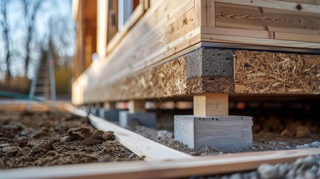 Closeup of a modular homes foundation revealing the sy and efficient use of space through its