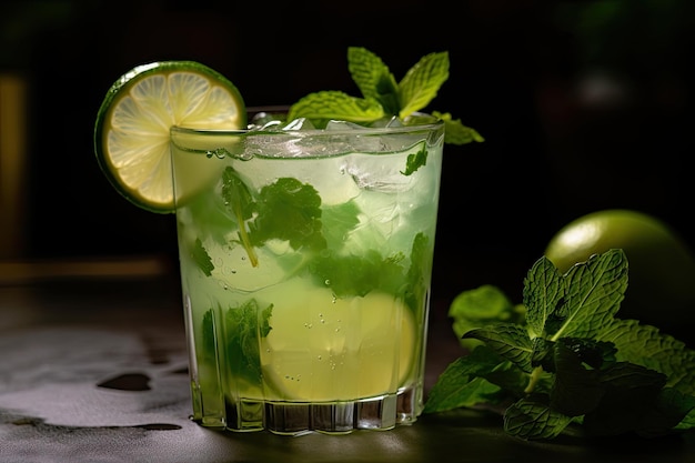 Closeup of mojito cocktail with mint leaves and lime wedge visible created with generative ai