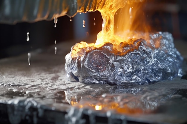 Photo closeup of molten aluminum being poured created with generative ai