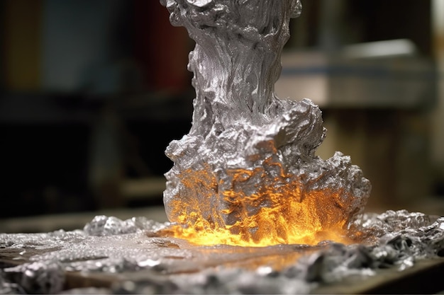 Closeup of molten aluminum being poured created with generative ai