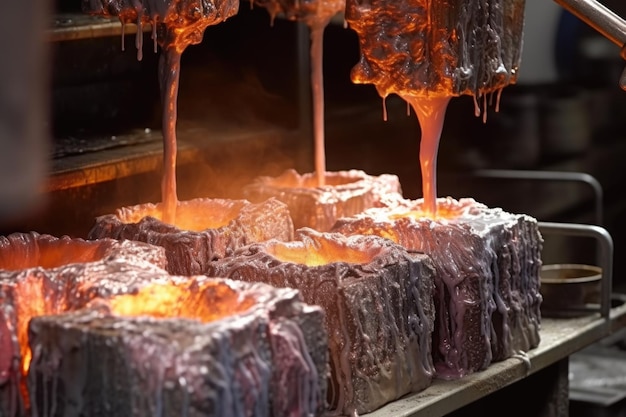 Closeup of molten aluminum pouring into molds created with generative ai