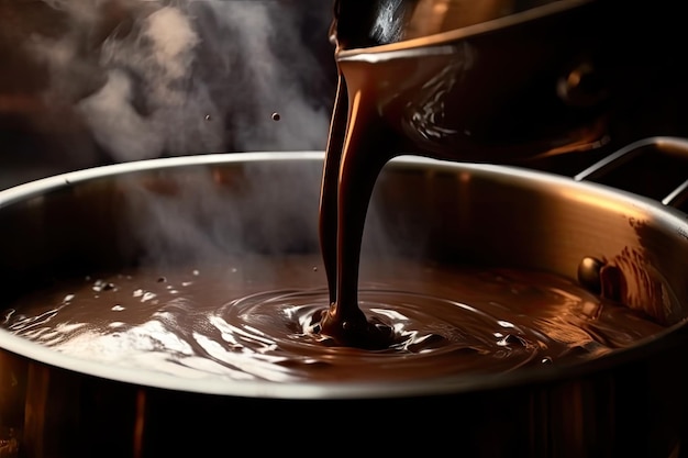 Closeup of molten chocolate being stirred with steam rising from the hot liquid