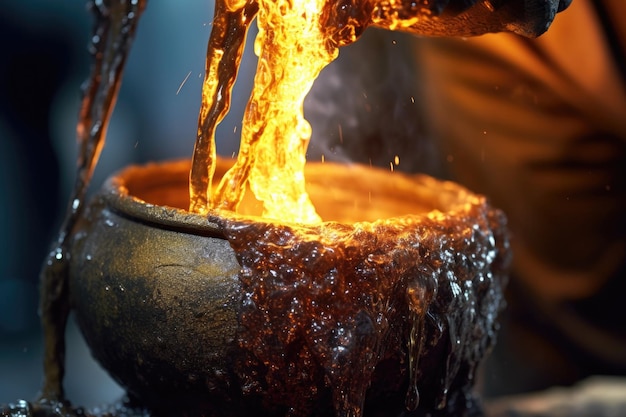 Closeup of molten metal pouring from a crucible created with generative ai