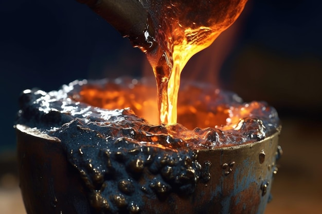 Photo closeup of molten metal pouring from a crucible created with generative ai