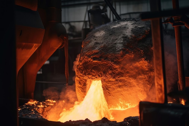 Closeup of molten metal with smoke and sparks emanating from the furnace