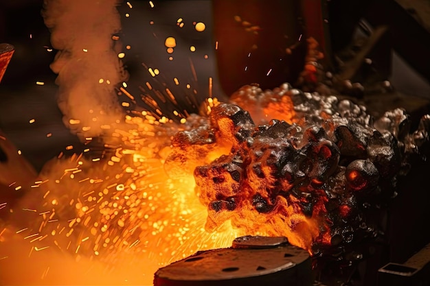 Closeup of molten metal with sparks flying