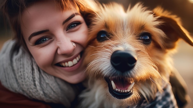 Foto momento ravvicinato di felicità e affetto tra una donna sorridente e il suo cane gioioso con l'attenzione sul viso dell'animale e sull'espressione sorridente della donna alla calda luce del sole