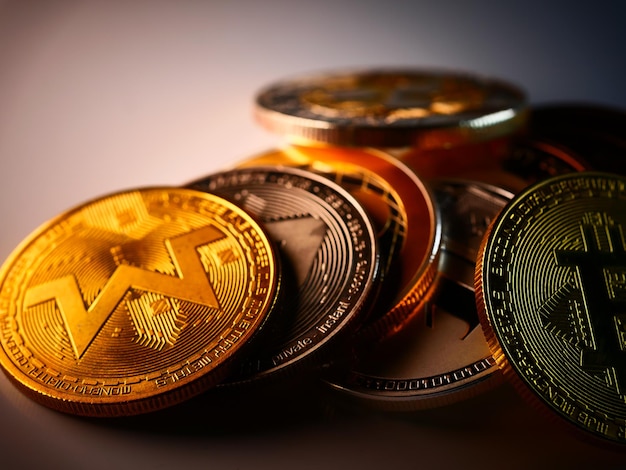 The closeup of monero, bitcoin, and other cryptocurrencies golden coins