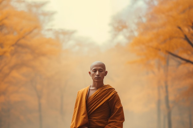 Foto closeup di monk con gli occhi chiusi tra gli alberi al tramonto con spazio di copia ai generativa